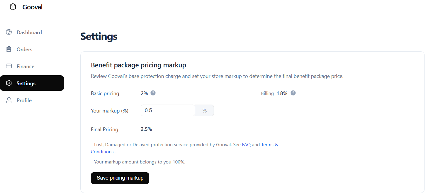 Benefit package pricing markup settings