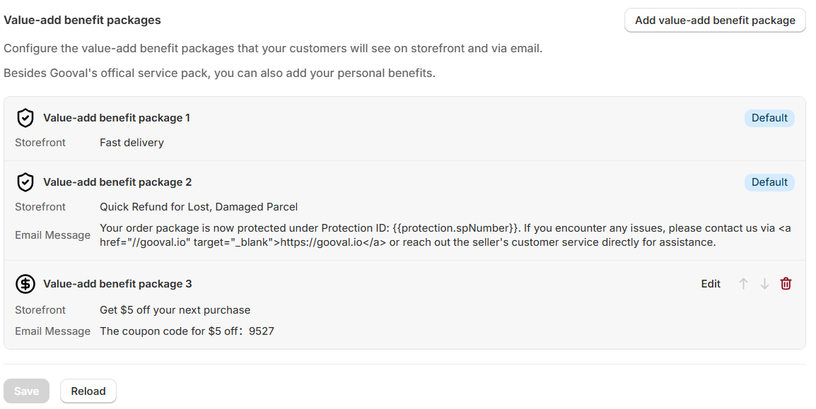 Configure value-add benefit package copy